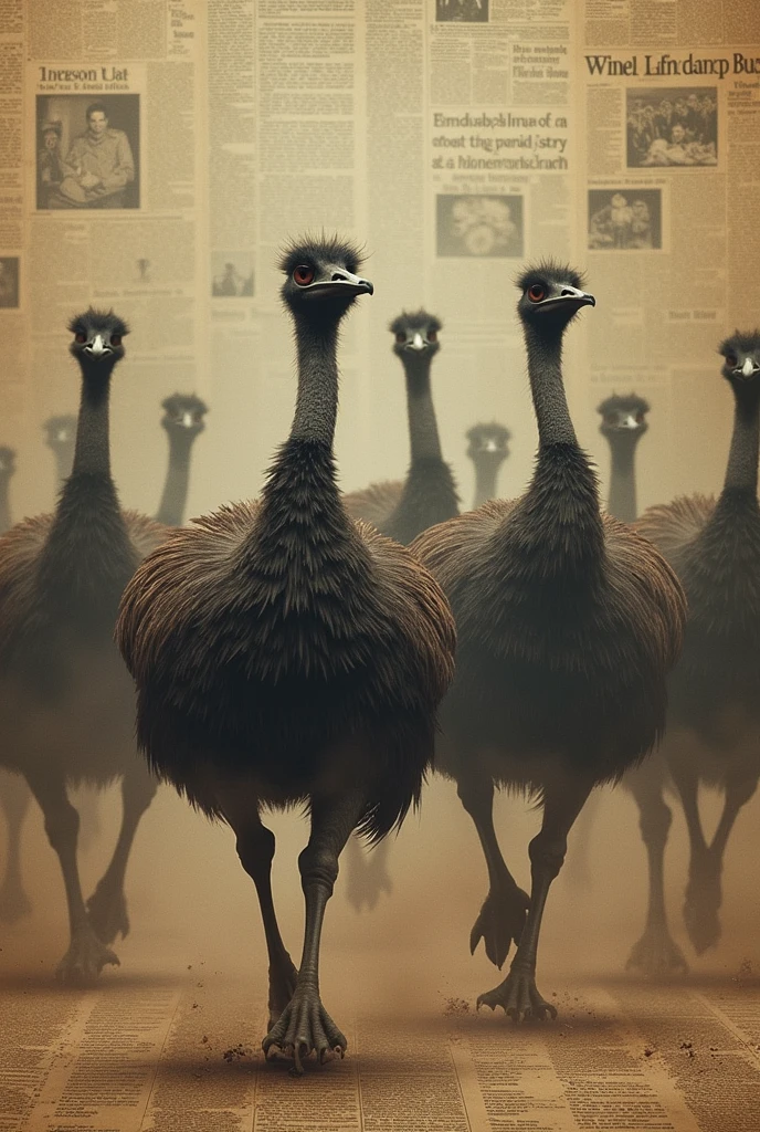 Clips of emus running, soldiers looking frustrated, and old newspaper headlines.