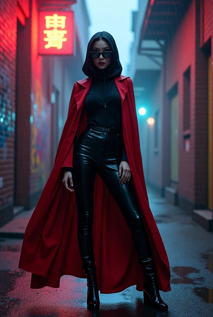A model malay woman with black hijab with black glowing mask covered her face, red cape, black long cardigan, black leather pants and black thigh high boots. background red brick warehouse district alley with graffiti murals on all the walls at night with some neon lights, fog and smoke. rainy day style.