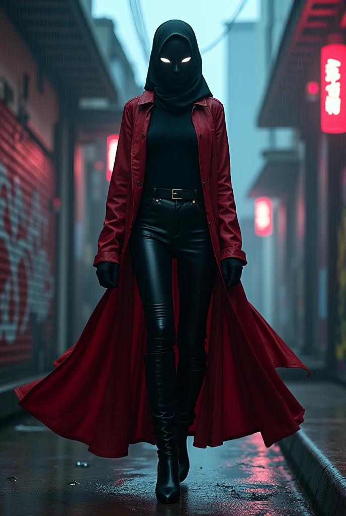 A model malay woman with black hijab with black glowing mask covered her face, red cape, black long cardigan, black leather pants and black thigh high boots. background red brick warehouse district alley with graffiti murals on all the walls at night with some neon lights, fog and smoke. rainy day style.