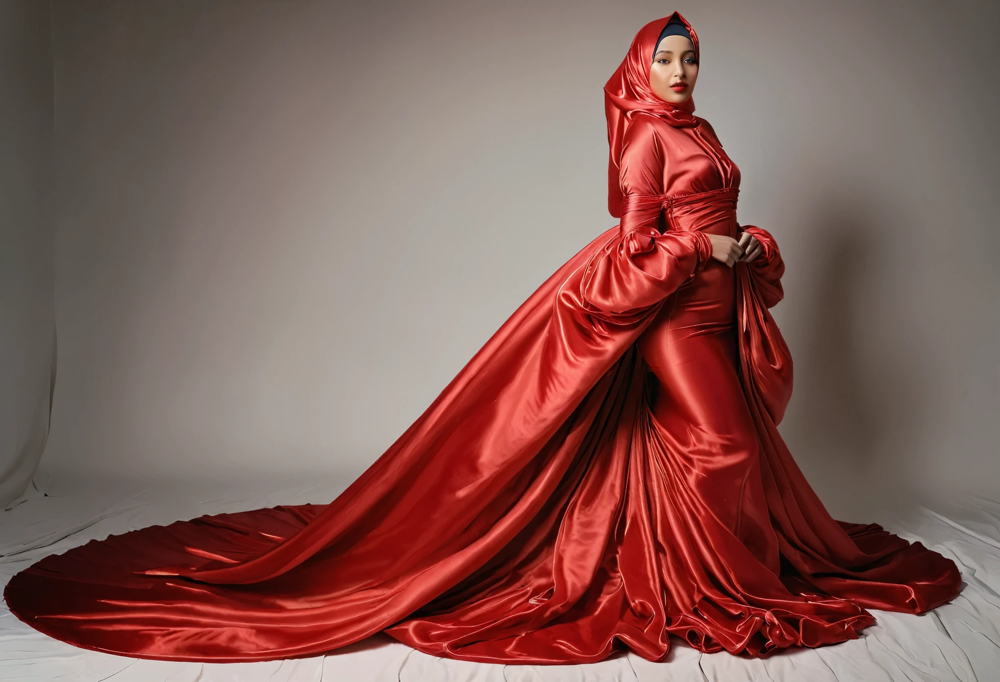 A woman shrouded in a 8-meter-long, plush red satin cloth, tightly bound and grandly draping along the form of her body, flowing off into a pooled floor-length train with balloon sleeve, styled in a mermaid-inspired outfit, her head modestly veiled in a satin hijab, 175 height woman, in studio photo, a full-body pose conveying a sense of elegance, captured in a 4k resolution, ultra-realistic