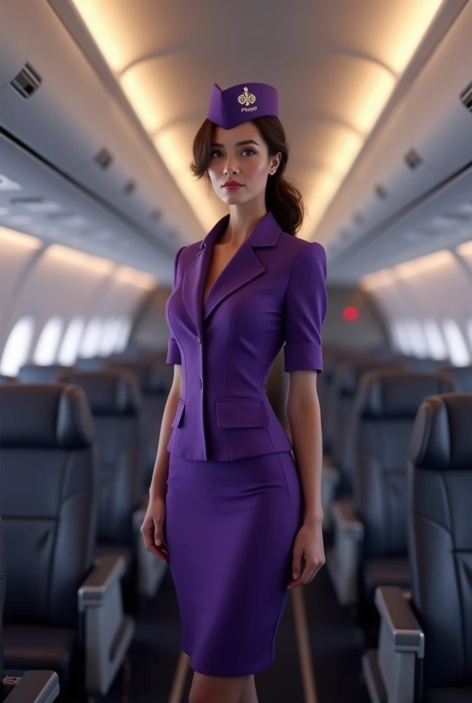 Flight attendant in purple in grey cabin