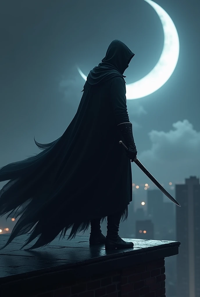 Shadow Assassin: A stealthy figure in a dark, flowing cloak, with a hood obscuring their face. They are poised atop a rooftop under a crescent moon, ready to strike with a dagger.