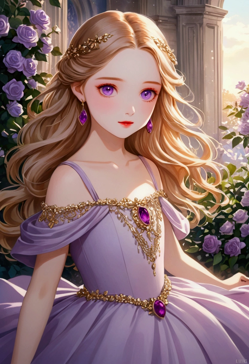 She had stunning long gold locks that cascaded down her shoulders, and her eyes were a mesmerizing shade of light purple. Her skin was flawless, and she was wearing a gorgeous purple dress that perfectly complemented her eye color. She truly looked absolutely stunning.
