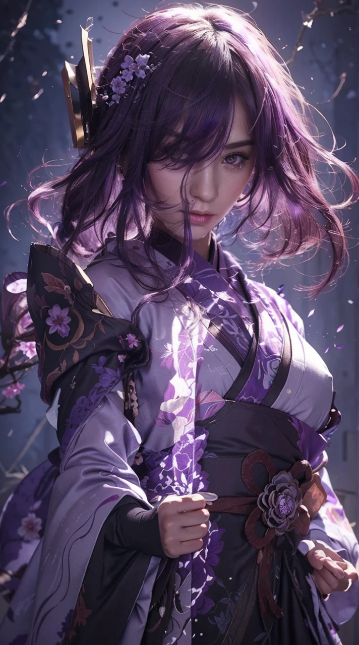 (ultra realisic), (illustratio), (Resolution Enhancement), (8K), (A highly detailed), (The best illustrations), (Top  Quality), (A highly detailed), (​masterpiece), (wall paper),dark purple hair ,purple kimono