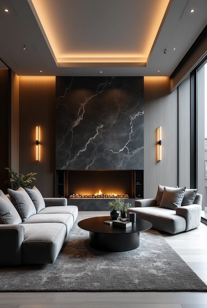 Professional 3d architecture rendering design of modern living room with so and very dark stone floranca velvet sofa set and medium flouting dark gray marble fireplace and light gray laminate and elegant and modern accessories and modern windows and black slab stone middle table and elegant and modern ceiling lighting and elegant accessories and elegant dark silk gray Persian carpet and elegant and modern ceiling lighting
