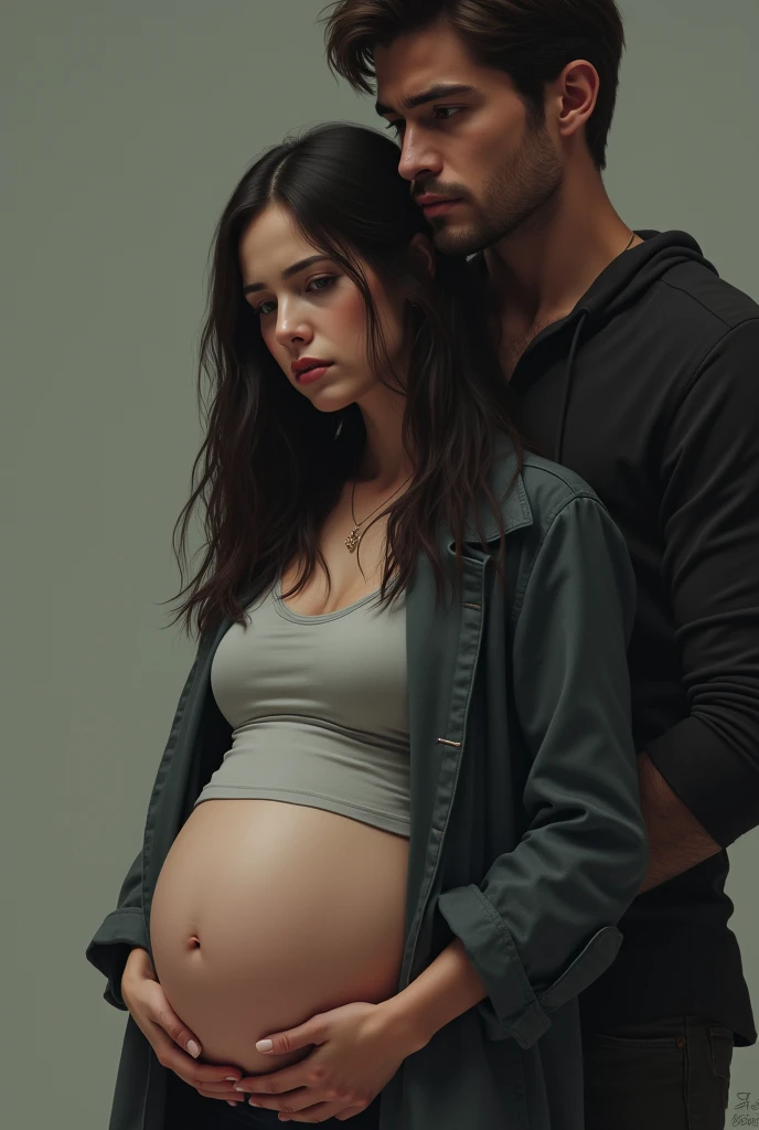 pregnant girl, sad and behind her a handsome man