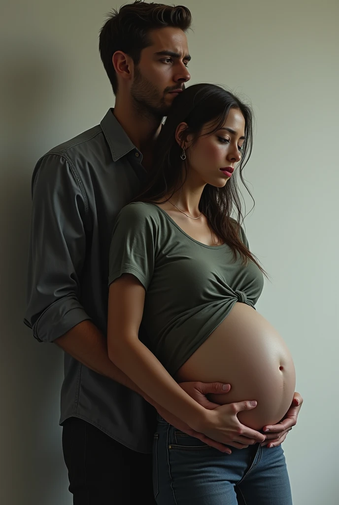 pregnant girl, sad and behind her a handsome man 