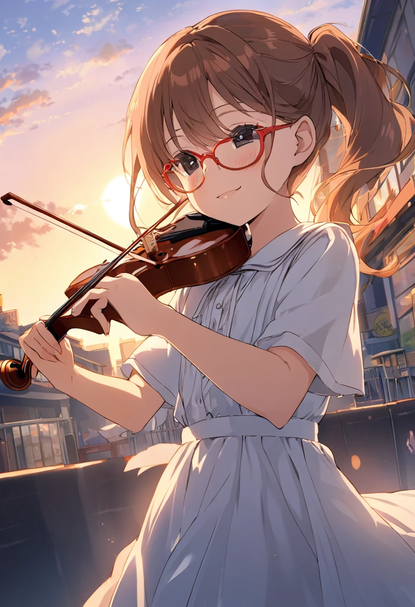 1girl,10yo,brown hair,black eyes, (red round eyewear), side ponytail,smile, blushful, anime style, super fine illustration, highly detailed, dynamic angle, beautiful detailed, 8k, On a summer evening, a Elementary school girl is practicing violin on town of tokyo. BREAK She has her eyes closed, with a dreamy expression on her face. BREAK Her hair flows gracefully in the wind as the soft light of the sunset envelops her