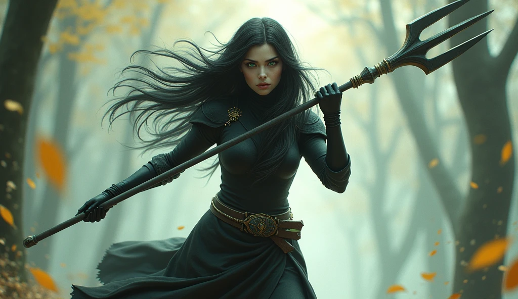 Shadowheart, the half elf from baldur's gate 3, best quality, ultra-detailed CG unity 8k wallpaper, floating, high resolution, dynamic pose, beautiful face, (green eyes:1.2, black hair:1.3, black clothes), depth of field, white forest, golden leaves, magic light), weilding a dark grey spear