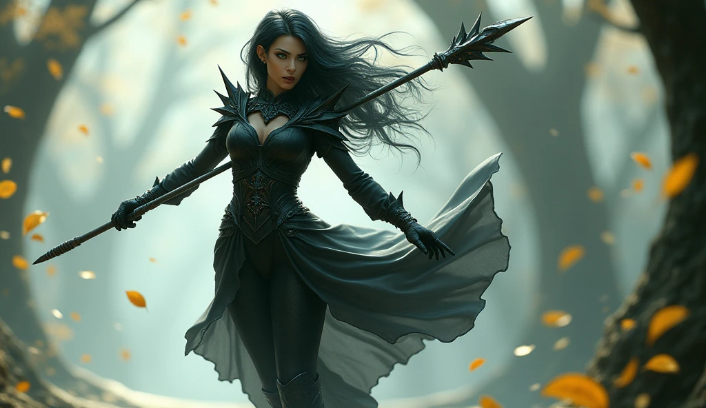 Shadowheart, the half elf from baldur's gate 3, best quality, ultra-detailed CG unity 8k wallpaper, floating, high resolution, dynamic pose, beautiful face, (green eyes:1.2, black hair:1.3, black clothes), depth of field, white forest, golden leaves, magic light), weilding a dark grey spear