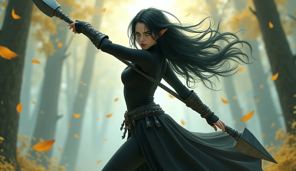 Shadowheart, the half elf from baldur's gate 3, best quality, ultra-detailed CG unity 8k wallpaper, floating, high resolution, dynamic pose, beautiful face, (green eyes:1.2, black hair:1.3, black clothes), depth of field, white forest, golden leaves, magic light), weilding a dark grey spear
