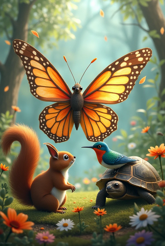 Butterfly with her friends colon the squirrel, the turtle, and the hummingbird that seems like an unrealistic tale