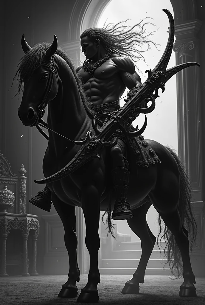 a Centaur, black, Dreadlocks, Toned Muscles, Hold a large crossbow, expensive, full house, Cool and black silhouette, superhuman power, Strong Will, Impact, shock wave with spark, dark background,