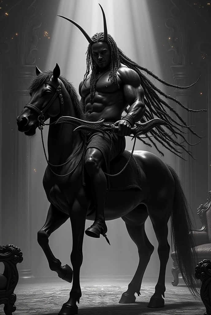 a Centaur, black, Dreadlocks, Toned Muscles, Hold a large crossbow, expensive, full house, Cool and black silhouette, superhuman power, Strong Will, Impact, shock wave with spark, dark background,