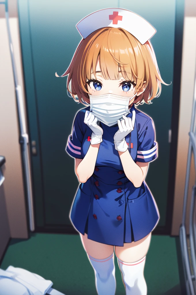 1girl, solo, nurse, nurse cap, white nurse uniform, ((white legwear, zettai ryouiki)), white gloves, very short hair, orange hair, ((white surgical mask, covered nose)), standing, ((hospital room)), sharp outline, short sleeves, tomboy, boyish, best quality, masterpiece