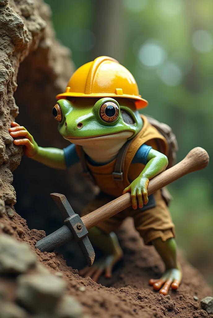 Retro Images,Storytelling,Tree frog,Ultra-realistic,high resolution,A frog is digging a hole in the mountain with a pickaxe,The frog is wearing work clothes and a yellow helmet