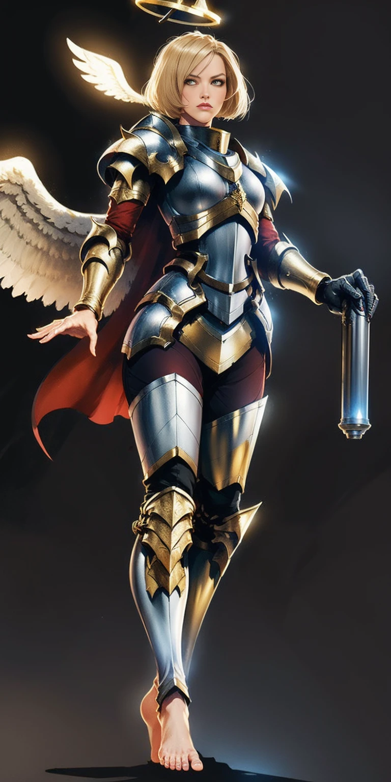 (black background) low angle, from below, paladin templar lady in white tabard, legwear, glowing yellow eyes, collar, golden chainmail, wide hips, barefoot, angel wings, pauldrons, halo, bob cut, blonde, eye focus, red cape, detailed, cinematic, fantasy