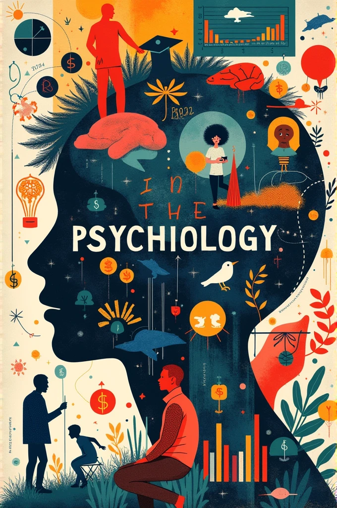 Make an image with different collage-type images that has to do with psychology and a striking phrase inside about psychology. , that it is fun , colorful and eye-catching