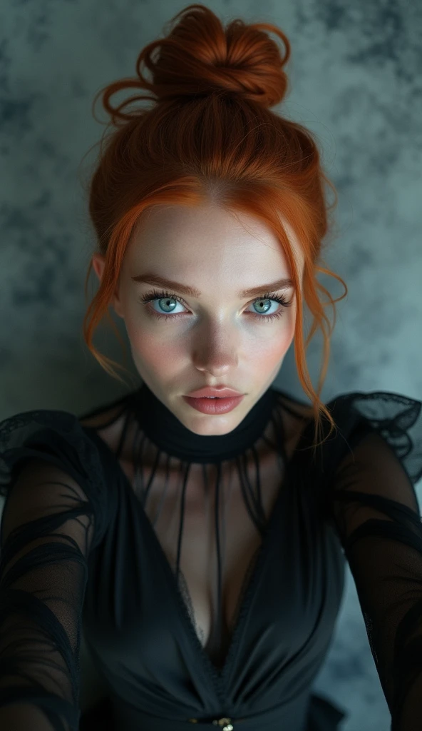 raw photo in UHD RAW format, (taking selfies, aerial view: 1,2), (straight half of the torso: 1,0). A 20 year old girl with a bun, natural red hair and blue eyes, parted lips. [ black gown ] [ hyper-realistic texture ], [ hyper-realistic skin texture ], smoky background, low lighting. fine-details, olhos e rosto extremamente symmetrical, extremely detailed, symmetrical, sharp piercing eyes.
