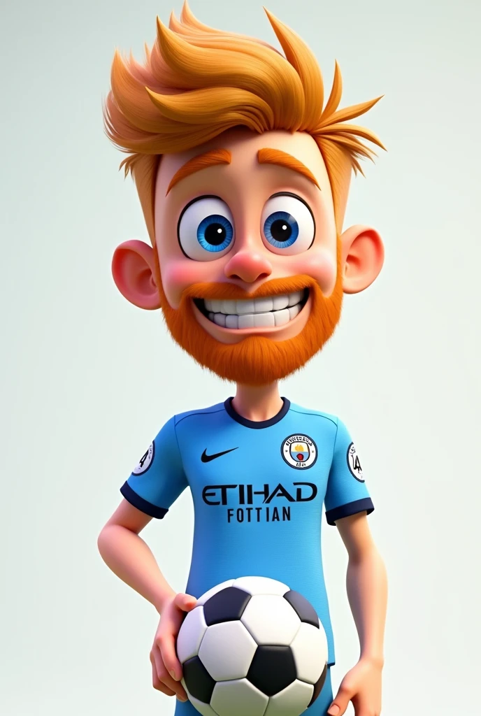 Generates an animated cartoon blonde haired and blue eyed man, with a ginger beard with a soccer ball wearing the current uniform of Manchester City football club with the flag of manchester city with the number 34 on the shirt without a background, only the person