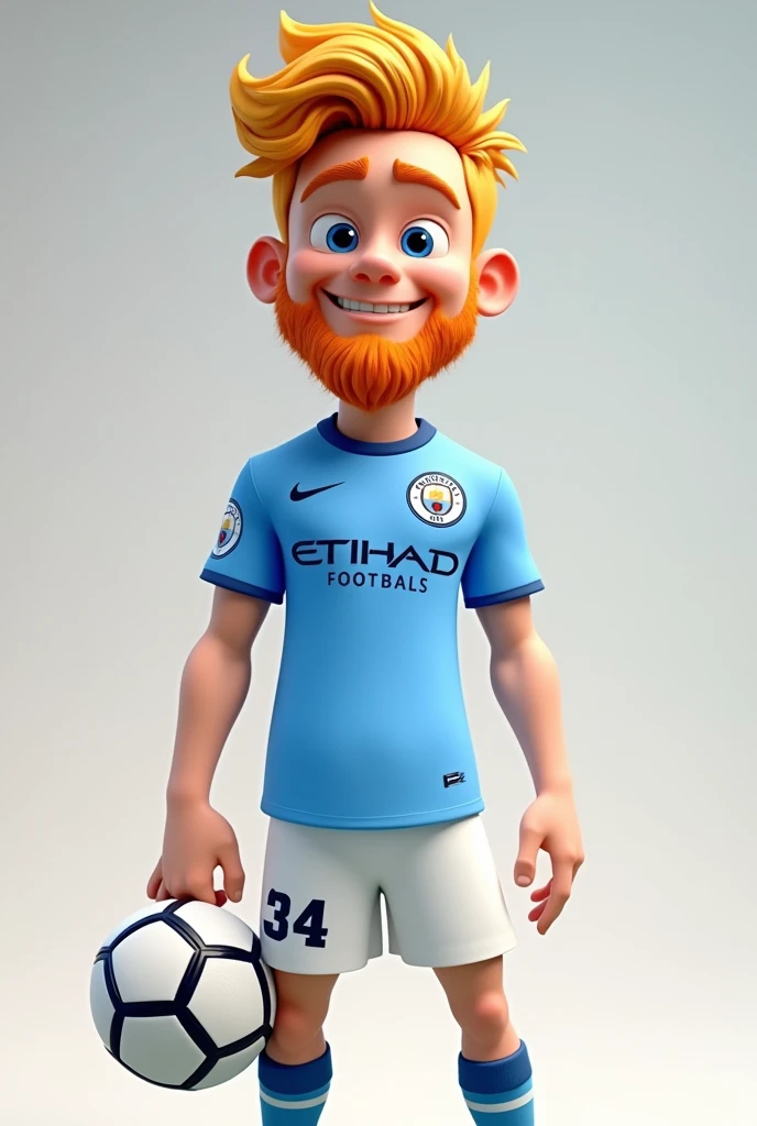 Generates an animated cartoon blonde haired and blue eyed man, with a ginger beard with a soccer ball wearing the current uniform of Manchester City football club with the flag of manchester city with the number 34 on the shirt without a background, only the person