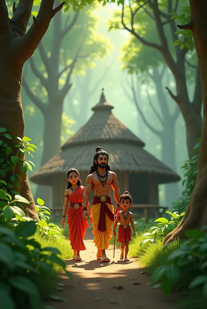 In cinematic 3d cartoon styles "Lord Ram's exile:
One scene shows Lord Rama, his wife Sita, and brother Lakshmana traveling through a dense forest. They are walking among the dense trees and bushes of the forest, along with a small hut that may be shown as their temporary residence."