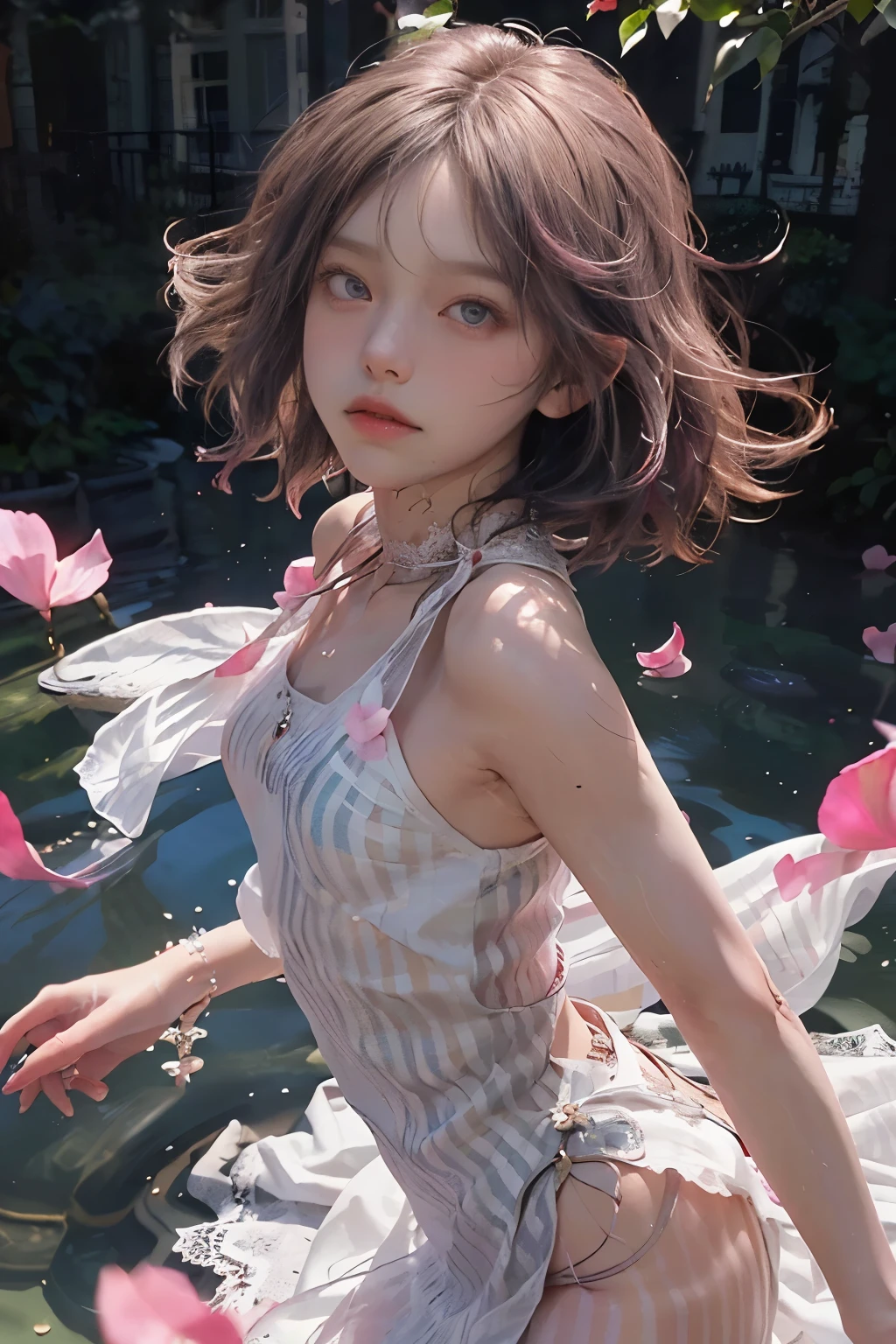 (solo:1.8), (elegant: 1.2), gorgeous, long hair, wind, (elegant: 1.3), (petals: 1.4), ((masterpiece))), ((best quality)), (ultra-detailed), (illustration), (dynamic angle), ((floating), (paint), ((loose hair)), (solo), (1girl), ( ( ( (detailed anima face)))), ((beautiful detailed face)), collar, bare shoulders, pink silver hair,((striped hair)), beautiful detailed eyes, ((Gradient eyes), (colored eyes))), (white cloud background))), (high saturation))), ((surrounded by colorful splashes)),Beautiful nipples,Hobo Flat Chest,Leaner figure,A young, beautiful girl with a beautiful nose,Small waist,Very small ass,Very slim legs,((see through cotton dress)),((see through lace dress)),((Beautiful nipples)),(Eyes that are too beautiful),(A beautiful girl of unparalleled beauty),
