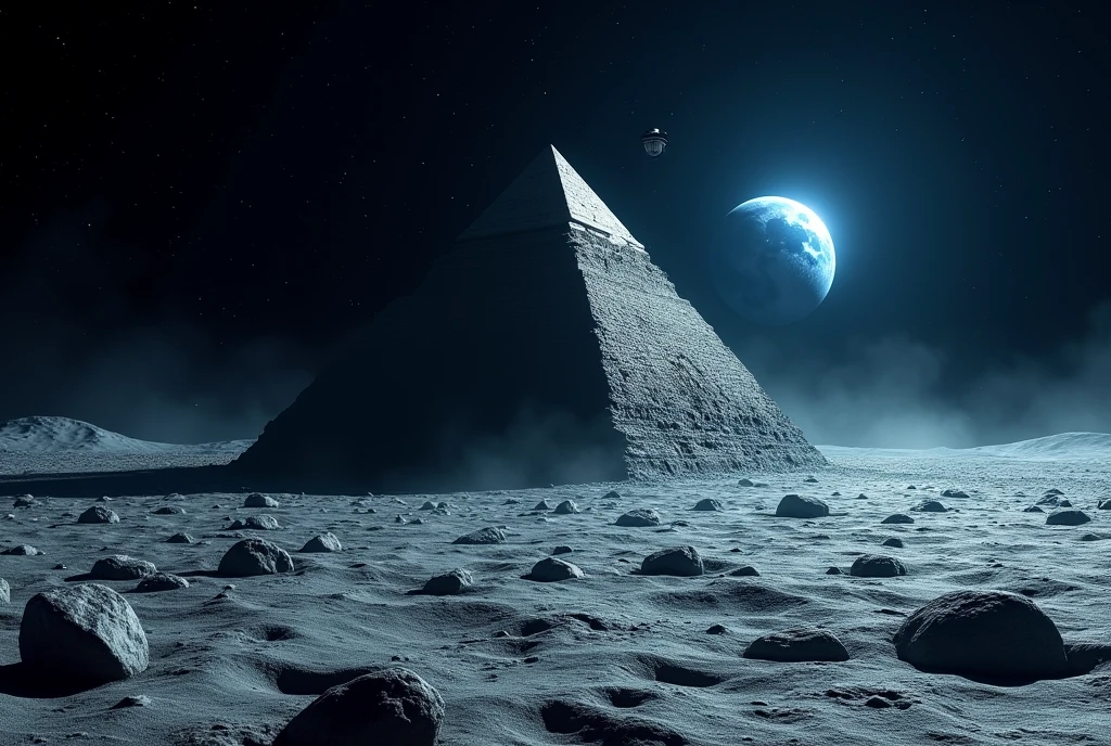 image of the moon's surface in dark, starry outer space, THERE IS A GIANT ALIEN SPACESHIP COMING OUT OF THE PYRAMID ON THE SURFACE OF THE MOON, THERE IS A WIDE, GRAY PYRAMID OF ROCK THAT IS LEVITATING, IT HAS A FAITHFUL IMAGE OF THE BLUE PLANET EARTH SHINING BLUE ON THE HORIZON IN THE DISTANCE AS REALISTIC AS POSSIBLE, as detailed as possible