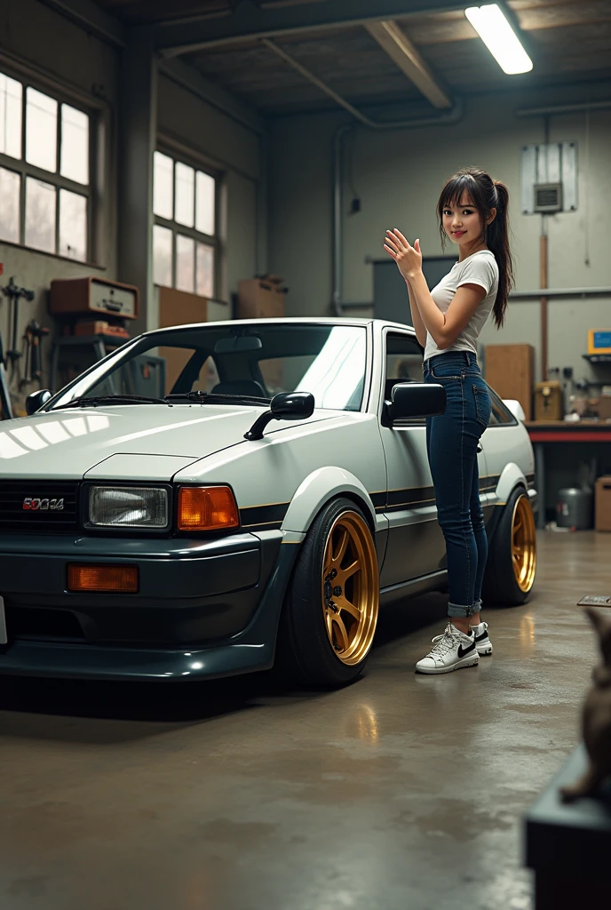 A solid white AE86 lowered in a repair shop、The wheels are eight-spoke bronze.,There are tools around、The girl is next to the car,Smile and wave