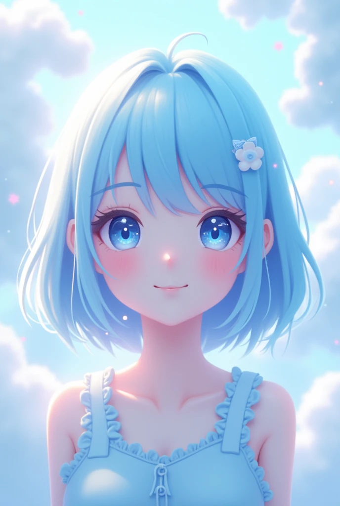 Anime-type idol that looks like an avatar that is pastel blue and cute