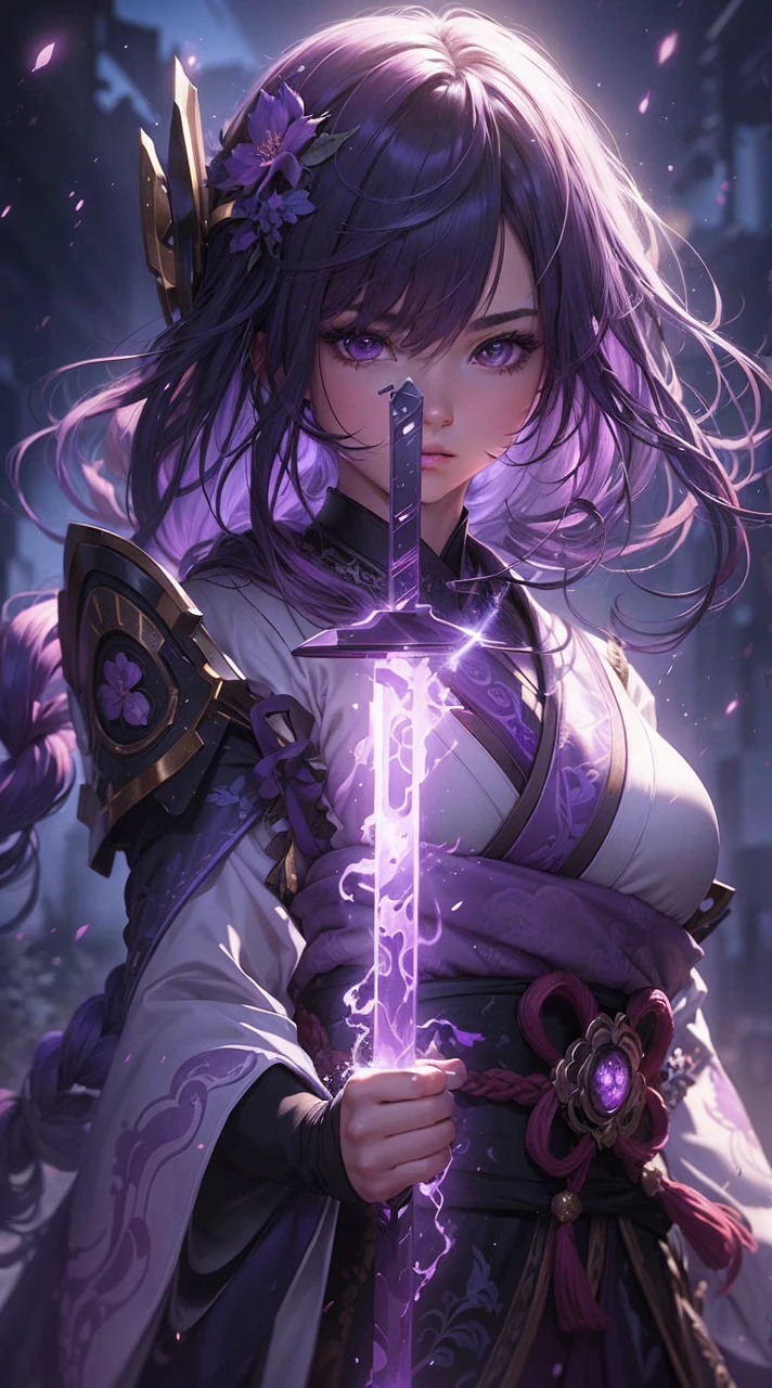 (ultra realisic), (illustratio), (Resolution Enhancement), (8K), (A highly detailed), (The best illustrations), (Top  Quality), (A highly detailed), (​masterpiece), (wall paper),dark purple hair ,purple kimono