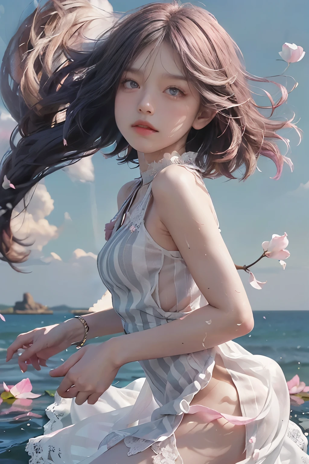 (solo:1.8), (elegant: 1.2), gorgeous, long hair, wind, (elegant: 1.3), (petals: 1.4), ((masterpiece))), ((best quality)), (ultra-detailed), (illustration), (dynamic angle), ((floating), (paint), ((loose hair)), (solo), (1girl), ( ( ( (detailed anima face)))), ((beautiful detailed face)), collar, bare shoulders, pink silver hair,((striped hair)), beautiful detailed eyes, ((Gradient eyes), (colored eyes))), (white cloud background))), (high saturation))), ((surrounded by colorful splashes)),Beautiful nipples,Hobo Flat Chest,Leaner figure,A young, beautiful girl with a beautiful nose,Small waist,Very small ass,Very slim legs,((see through cotton dress)),((see through lace dress)),((Beautiful nipples)),(Eyes that are too beautiful),(A beautiful girl of unparalleled beauty),