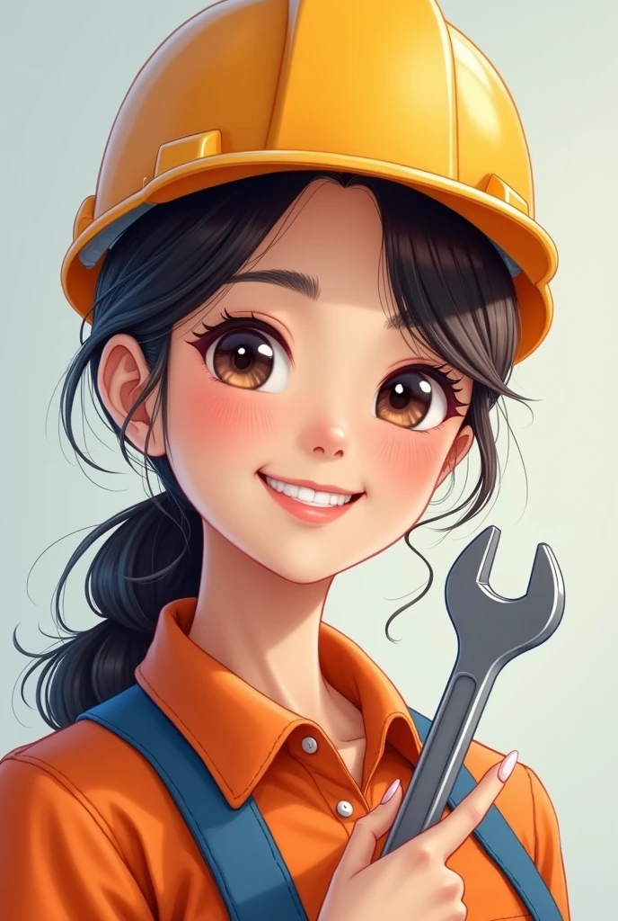 create 1 asian girl, beautiful smiling face, construction hat, wrench handle