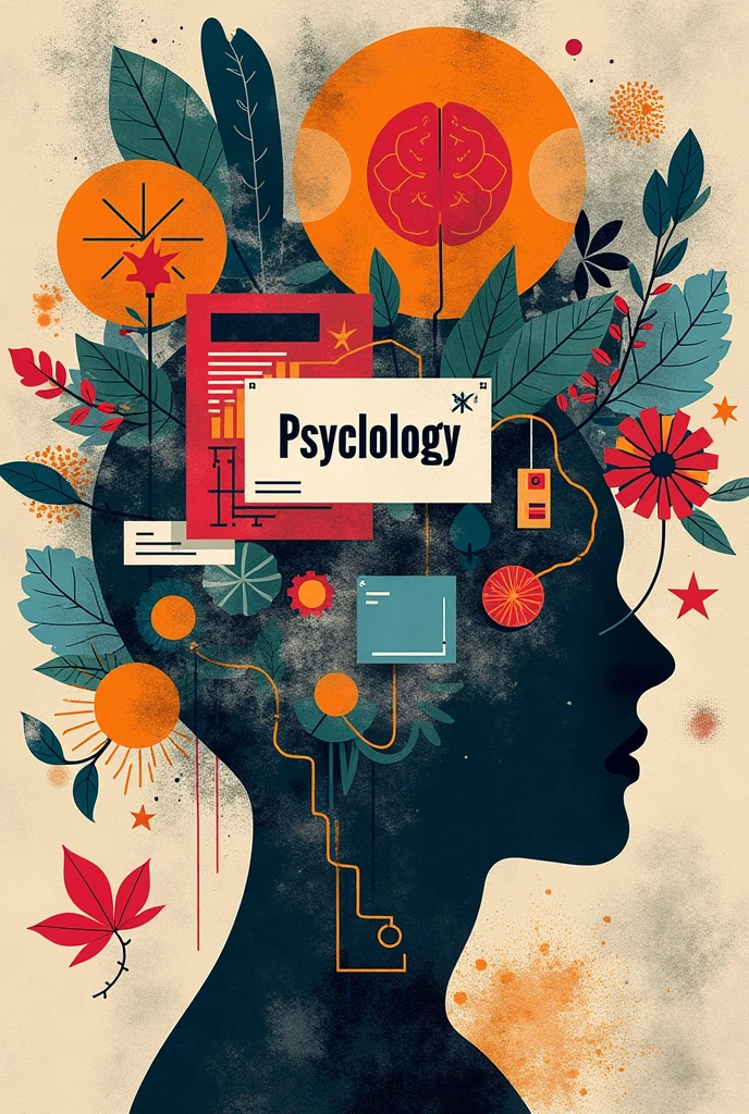 Make an image with different collage-type images that has to do with psychology and a striking phrase inside about psychology. , that it is fun , colorful and eye-catching