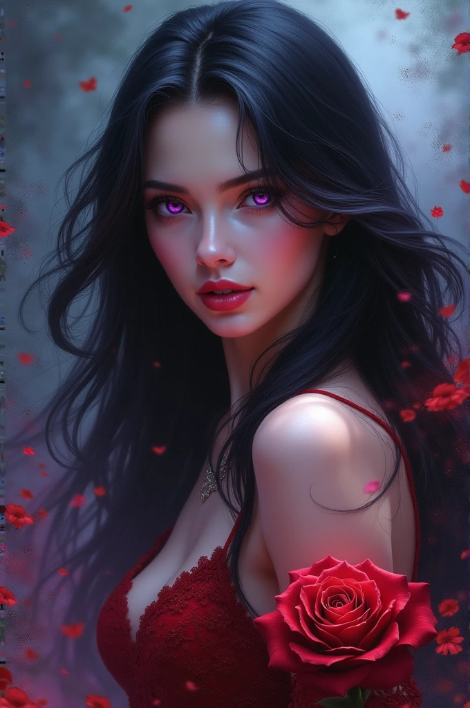 "A beautiful and cute woman with purple eyes, black hair, a rose, magical powers, and charm."