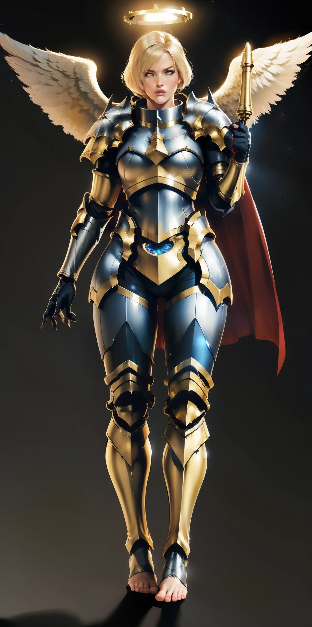 (black background) low angle, from below, paladin templar lady in white tabard, legwear, glowing yellow eyes, collar, golden chainmail, wide hips, barefoot, angel wings, pauldrons, halo, bob cut, blonde, eye focus, red cape, detailed, cinematic, fantasy