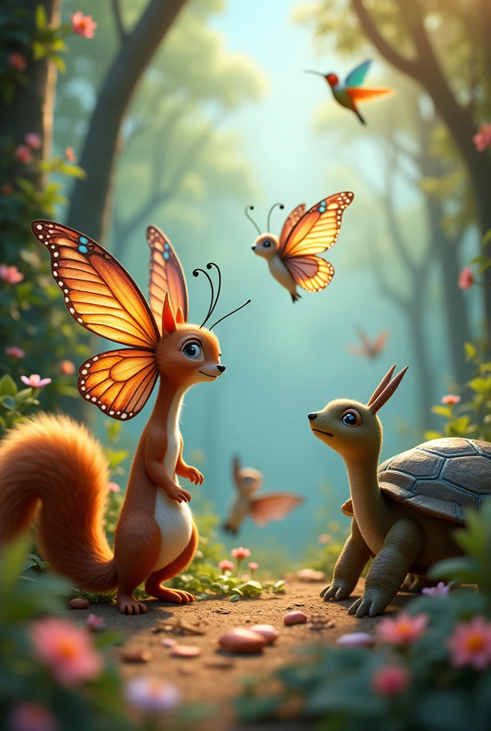 Butterfly with her friends colon the squirrel, the turtle, and the hummingbird that looks like a 3d story