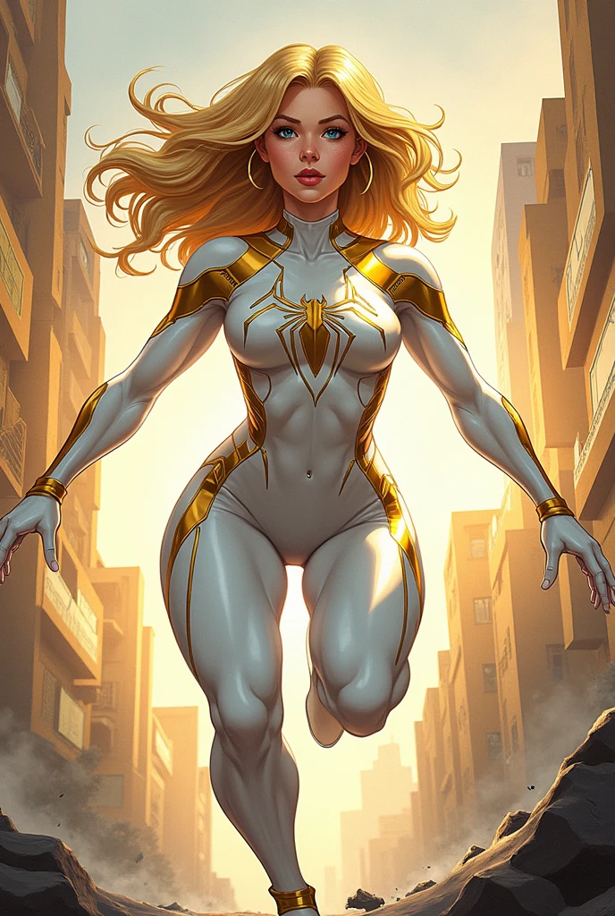 A blonde girl with blue eyes in a spider-woman suit but white with gold and with a mask, comic style 