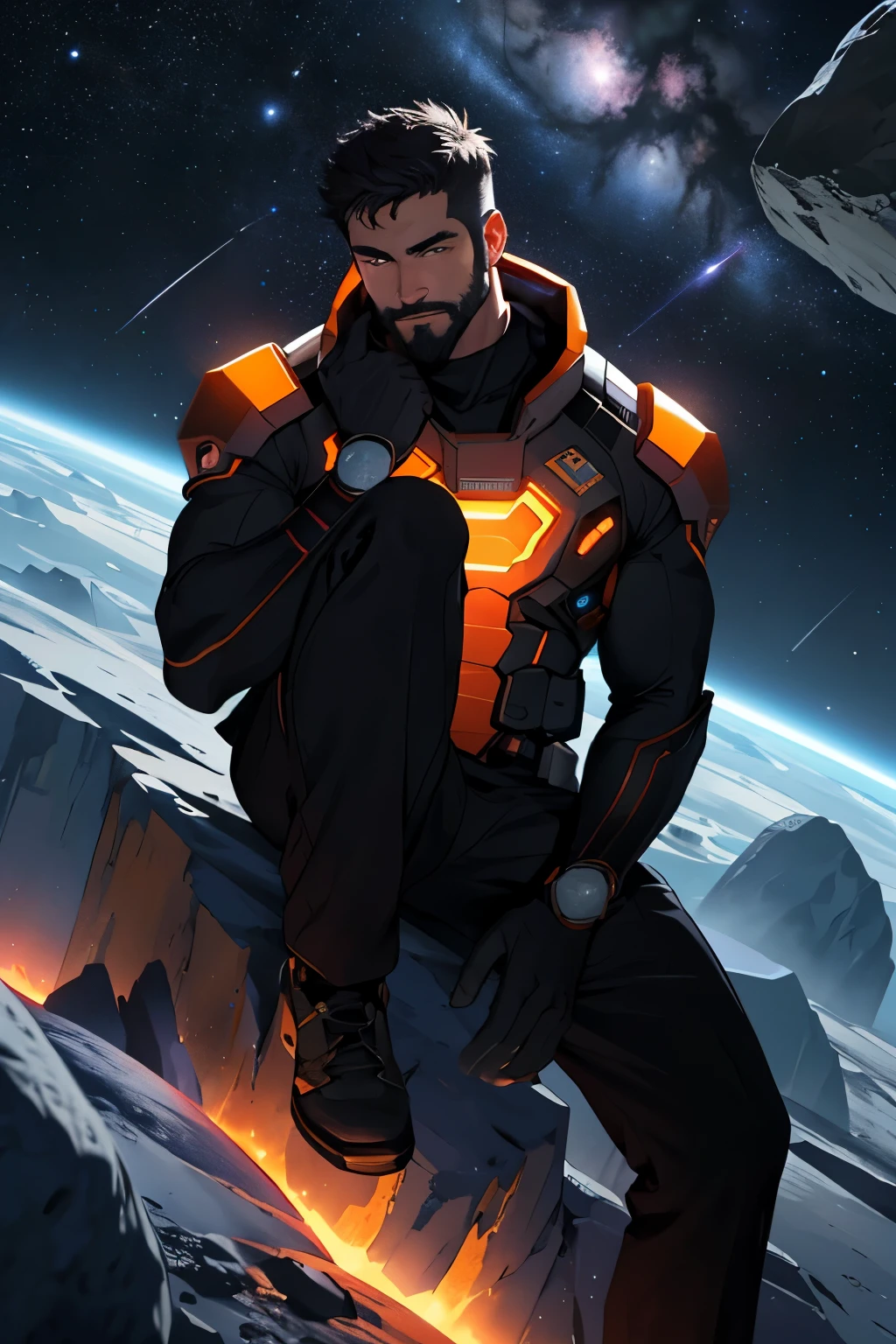 Draw a young programmer, sitting on a research platform floating in the middle of an asteroid belt. He is studying with a notebook, surrounded by several asteroids glowing with fiery auras. Dramatic lighting from distant stars and planets illuminates the scene, casting deep shadows on the suit. The young man looks confident and determined, looking at the vast and mysterious universe with wonder and respect,facial hair, cowboy shot,