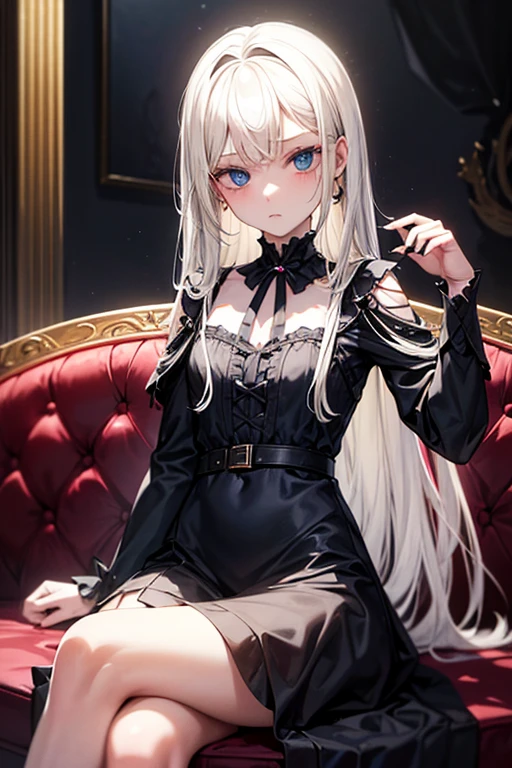 Girl-type doll, black dress, ball joints, expressionless, white-blonde hair, long hair, blue eyes, sitting on a sofa, medieval, Western-style house, white skin