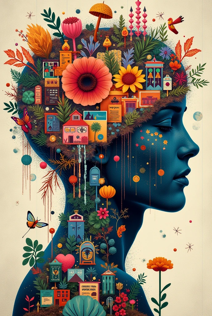 Make an image with different collage-type images that has to do with psychology and a catchy phrase in Spanish about psychology inside. , that it is fun , colorful and eye-catching