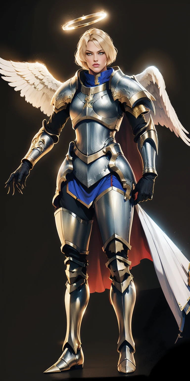 (black background) low angle, from below, paladin templar lady in white tabard, legwear, glowing yellow eyes, collar, golden chainmail, wide hips, barefoot, angel wings, pauldrons, halo, bob cut, blonde, eye focus, red cape, detailed, cinematic, fantasy