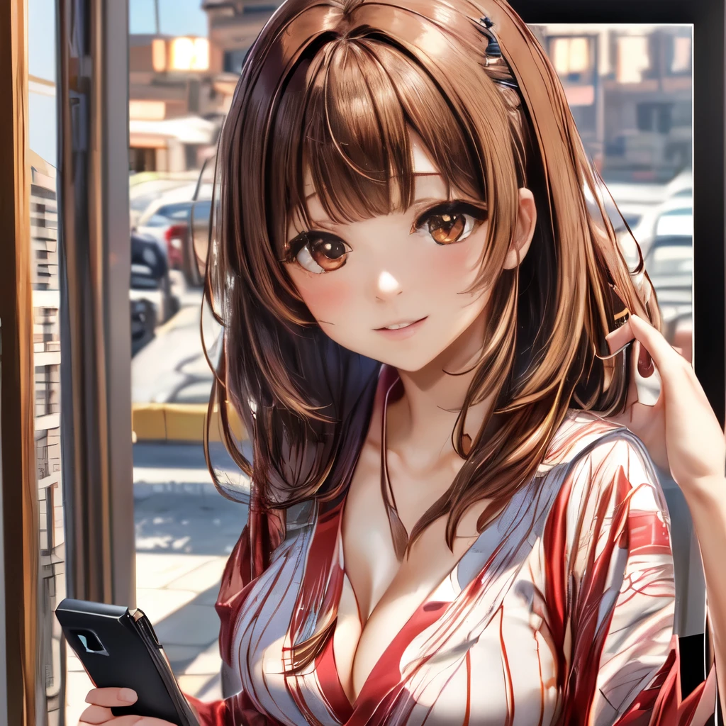 UHD, masterpiece,light brown hair, blunt bangs, red eyes, medium hair,Natural hair,(medium breasts:1.5),(on the screen of smartphone camera app frame:1.5),yukata