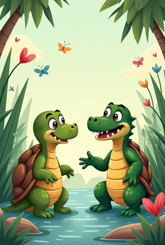 A turtle and a Crocodile talking in 2d cartoon