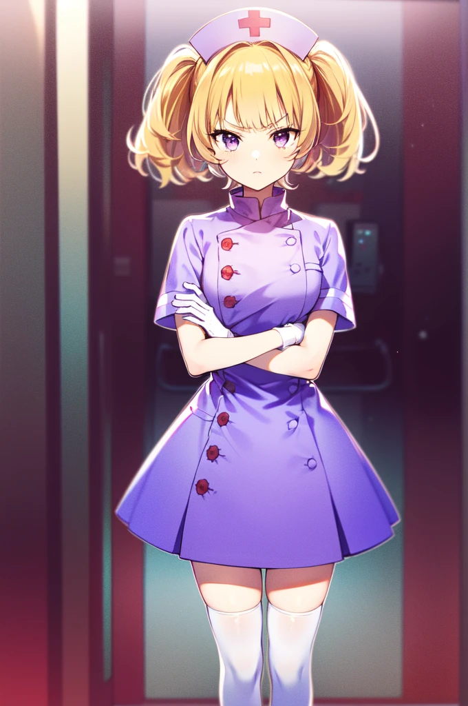 1girl, solo, nurse, nurse cap, white nurse uniform, ((white legwear, zettai ryouiki)), white gloves, twintails, yellow hair, purple eyes, angry, crossed arms, standing, ((hospital room)), sharp outline, short sleeves, best quality, masterpiece