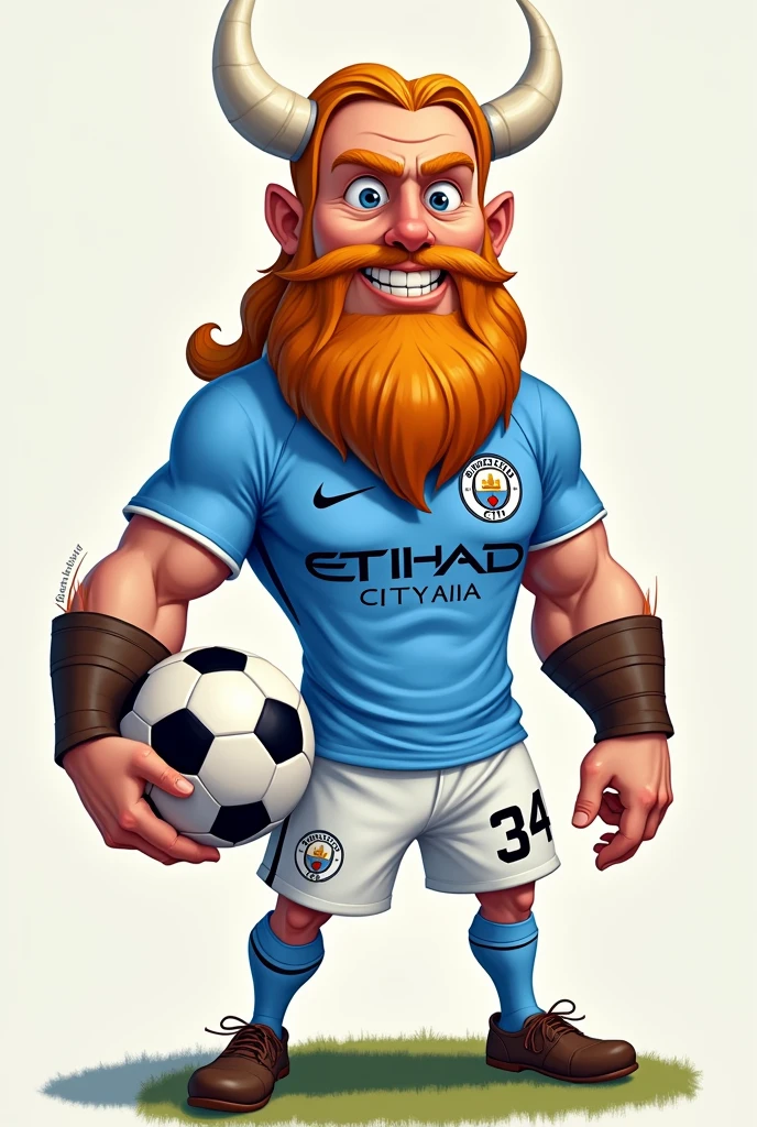 Generates an animated cartoon blonde haired Viking hairstyle and blue eyed man, with a ginger beard with a soccer ball wearing the current uniform of Manchester City football club with the flag of manchester city with the number 34 on the shirt without a background, only the person