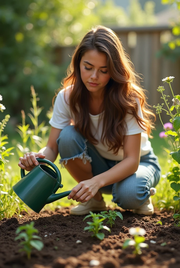 20 year old girl with brown hair watering the newly planted seeds