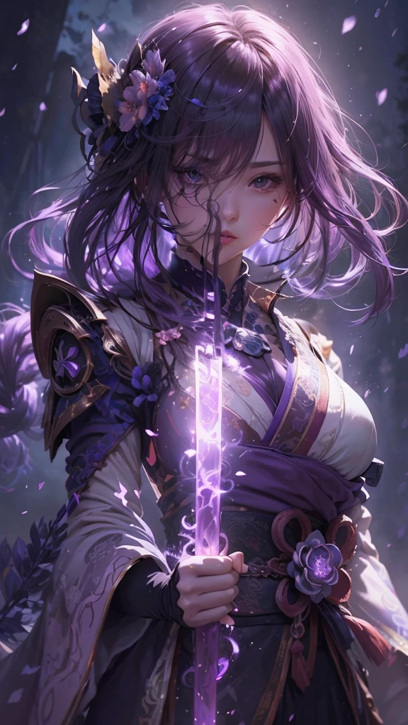 (ultra realisic), (illustratio), (Resolution Enhancement), (8K), (A highly detailed), (The best illustrations), (Top Quality), (A highly detailed), (masterpiece), (wall paper),dark purple hair ,purple kimono