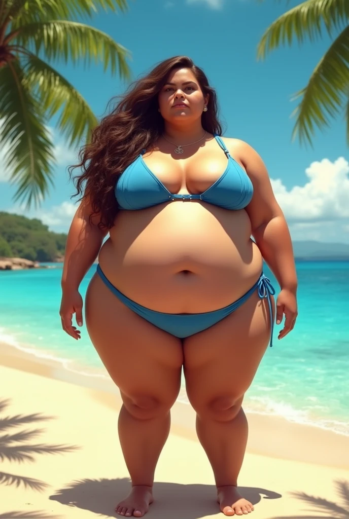score_9, score_8_up, score_7_up, 1_woman, Samoan, long brown hair, ((obese)), bloated belly, standing, massive gut, hyper_belly, pregnant, huge breasts, blue bikini, beach