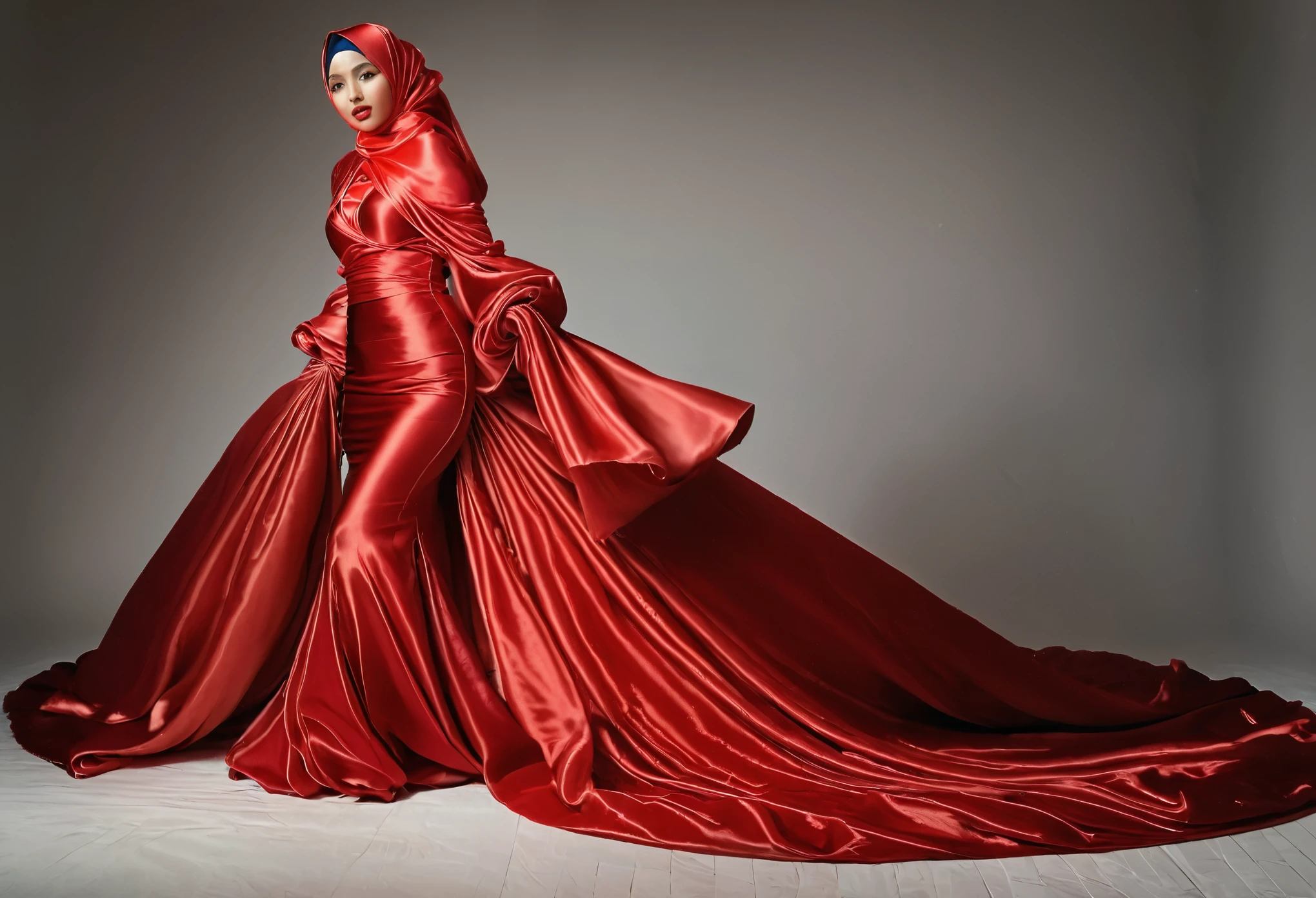 A woman shrouded in a 8-meter-long, plush red satin cloth, tightly bound and grandly draping along the form of her body, flowing off into a pooled floor-length train with balloon sleeve, styled in a mermaid-inspired outfit, her head modestly veiled in a satin hijab, 175 height woman, in studio photo, a full-body pose conveying a sense of elegance, captured in a 4k resolution, ultra-realistic